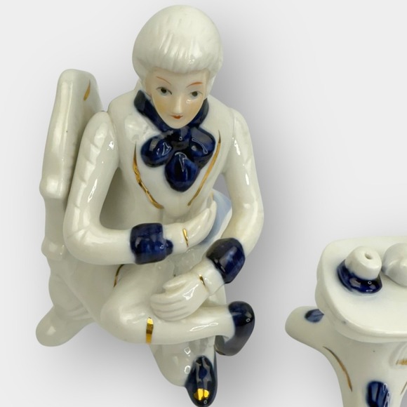 Vintage Porcelain Seated Couple Figurines with Table Blue White Gold Trim - Picture 3 of 16